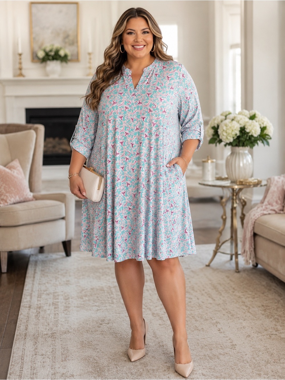 Dear Scarlett 3X Mint Pink Paisley Swing Dress Plus Size Wrinkle Free NWT